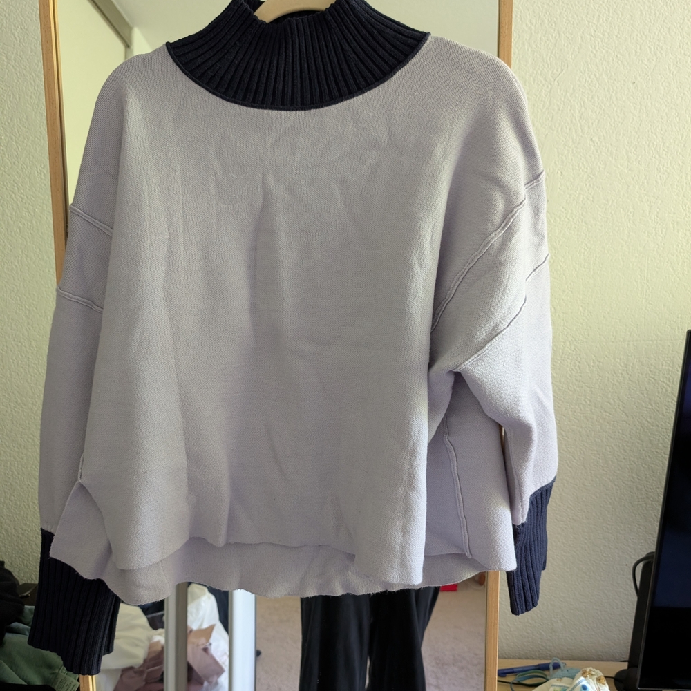 Maeve Lavender Pullover with Navy Ribbed Mock Neck